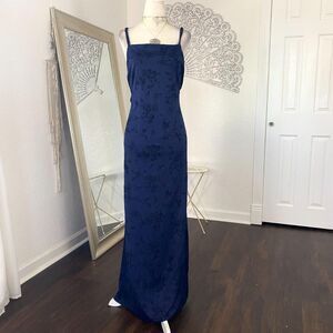 Early 2000's Navy Blue Black Whimsygoth Crushed Velvet Ethereal Prom Dress L